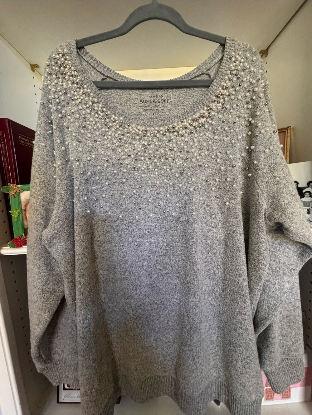 torrid Grey Pearl-Embellished Scoop Neck Sweater
